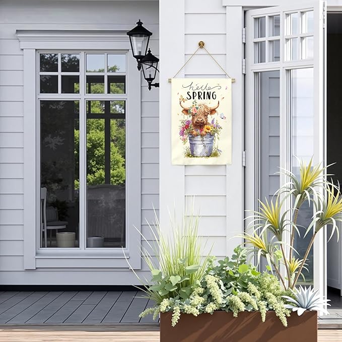 Hello Spring Garden Flag Large Highland Cow Polyester House Banner Double Sided Vertical Farmhouse Butterfly Floral Yard Flags Rustic Daisy Banner for Seasonal Outdoor Decor 28 x 40 Inch