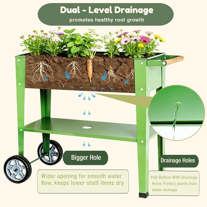Raised Garden Bed Outdoor with Wheels, Leg and Wooden Handle, 36.2x13.4x32.3in, 400lb Cap, Metal Elevated Raised Planter Box for Herb, Vegetable, Perfect for Backyard, Balcony, Grass Green