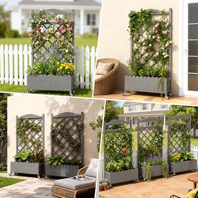COMHOMA Raised Garden Bed with Trellis and Wheels,48Inch Elevated Planter Box with Drainage Holes,Lattice Privacy Screen for Climbing Plants Vegetables,Outdoor for Patio Balcony Yard,Gray