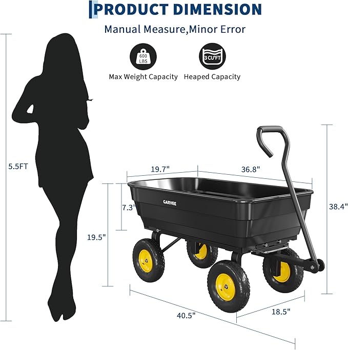 Garvee Poly Garden Dump Cart, Heavy Duty 600lbs Wheelbarrow Yard Cart Dump Wagon with 10”All Terrain Wheels, Garden Utility Wagon with Quick Release System& Convertible Handle Attach to ATV (Black)
