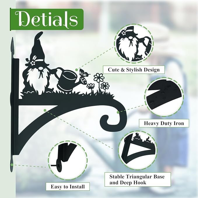Hanging Plant Bracket Heavy Duty Iron Ornamental Gnome Silhouette Hanging Plant Hangers Outdoor 12 inch Basket Bracket Hook Wall Mounted for Flower Pot, Lantern, Bird Feeder, Wind Chimes