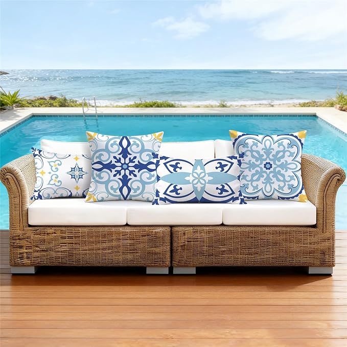 NIGHTWISH Outdoor Waterproof Pillow Covers 12x20 Set of 4 Blue Boho Decorative Outdoor Throw Pillows Floral Cushion Cases for Patio Furniture Bench Couch Sunbrella
