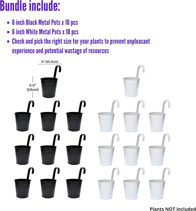 LaLaGreen Bundle - 6" x 10 Pack Black + 6" x 10 Pack White Large Metal Flower Pot Over Rail Balcony Railing Hanging Buckets for Plants Outdoor Fence Wall Herb Garden Succulent Outside Deck Patio Porch