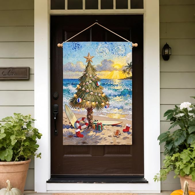 Coastal Christmas House Flag 28x40 Inch Xmas Tree Beach Holiday Themed Decorative Garden Flags for Outside Double Sided Winter Seasonal Outdoor Home Farmhouse Decoration Yard Porch New Year Decor