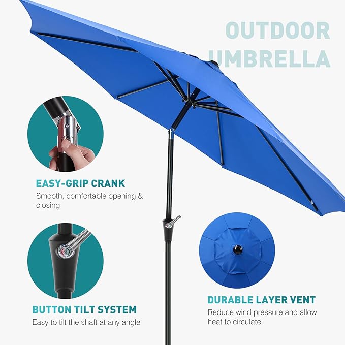 OLIXIS 9FT Patio Table Umbrella with Tilt and Crank Button & 8 Sturdy Ribs Waterproof, 9 Feet Outdoor Patio Umbrella Sun Shade for Poolside, Terrace, Beach and Restaurant, Blue