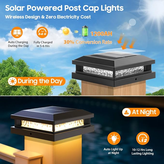 Bosceos Solar Post Cap Lights 6-Pack, 2 Modes 16LEDs Bright Solar Post Lights Outdoor Waterproof, Fence Posts Cap Light, Deck Light for 4x4 4.5x4.5 5x5 Posts for Patio Garden Decor, Black