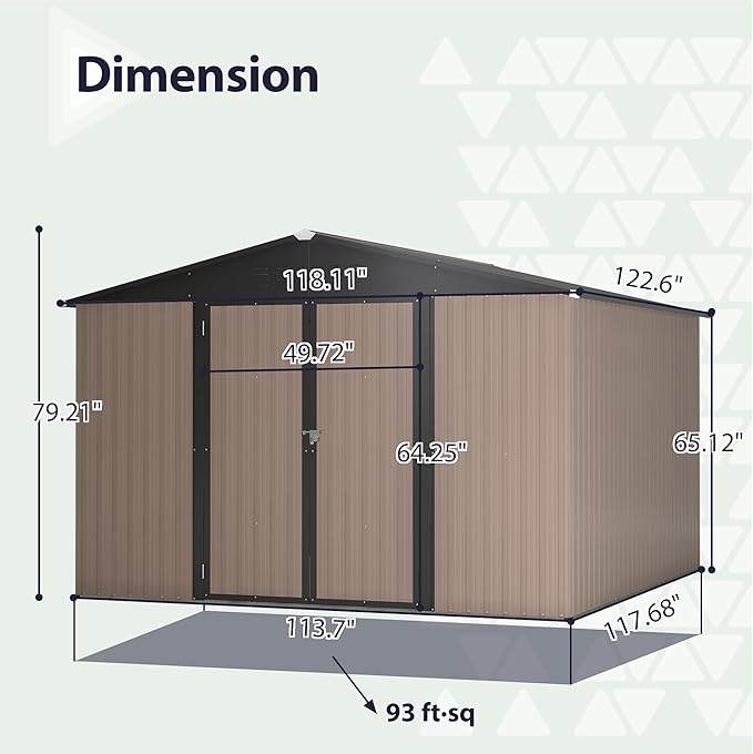 KEIKI Storage Shed 10x10 FT, Large Metal Tool Shed for Outdoor Storage, Galvanized Steel Garden Shed with Lockable Doors for Patio, Backyard, Lawn, Brown