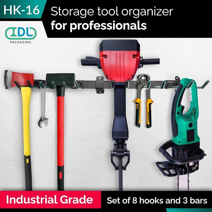 IDL Packaging Industrial Grade 48" Garage Tool Organizer with 8 Hooks, 720 lbs Total Holding Weight - for Repair Shops, Warehouses, Storages, Garages - Super Heavy-Duty Wall Mount Gear
