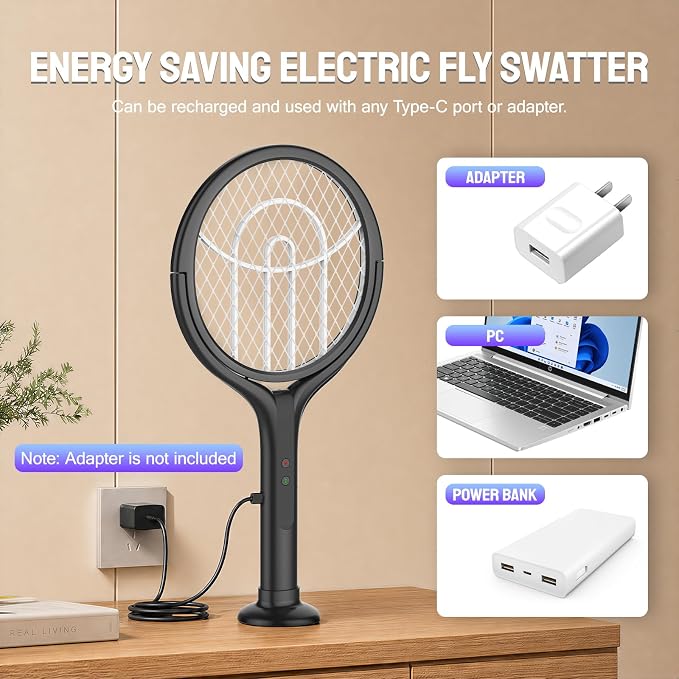 Mosiller Rotating Head Electric Fly Swatter, 4000V Bug Zapper with 1800mah Rechargeable Battery, 2 in 1 Purple Mosquito Light Killer with Rotating Head for Indoor Home Patio Camp Office(Black)