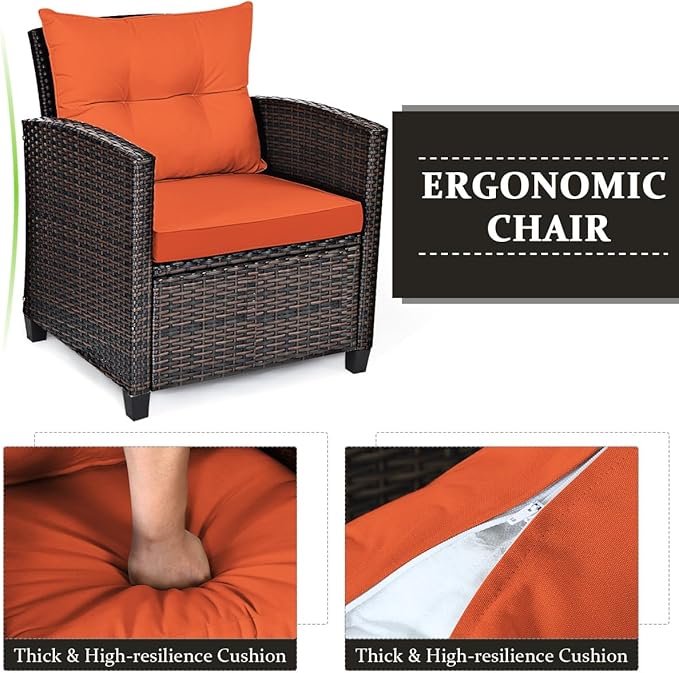 COSTWAY 3PCS Patio Furniture Set, PE Rattan Wicker Sofa w/Washable Cushion and Coffee Table, Tempered Glass Tabletop, Outdoor Conversation Set for Balcony, Porch, Yard, Backyard, Lawn (Orange)