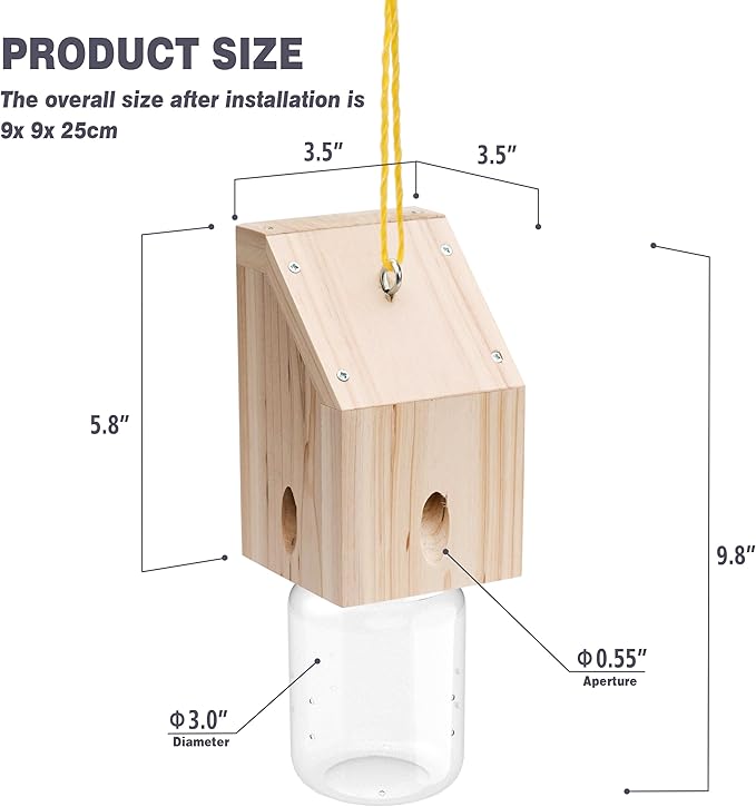 Carpenter Bee Trap for Outside - Shed Style Nature Hanging Wood Trap for Outdoor with Removable Bee Vault Plastic Jar (4 Pack)