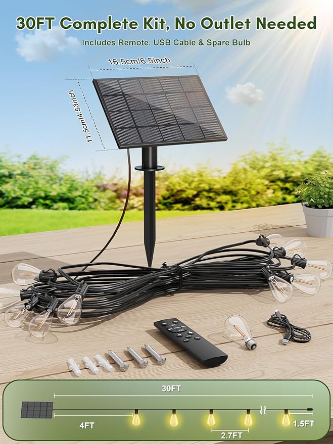 30FT Solar String Lights Outdoor Waterproof, 10+1 LED Solar Powered Lights with Remote Control, 3 Light Modes & Dimmable, USB-C Charging for Patio, Backyard, Garden, Camping