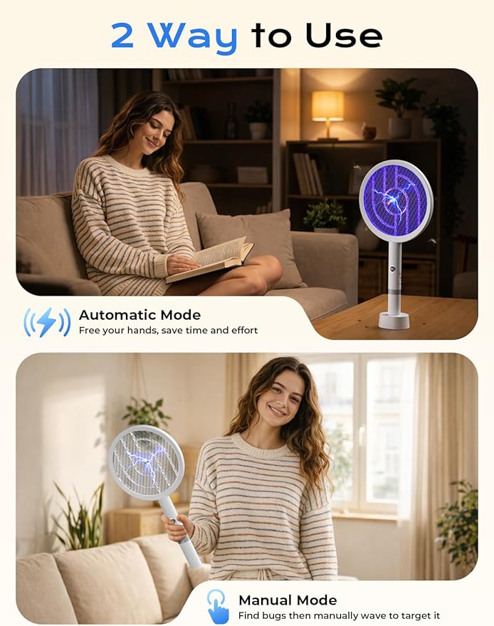YISSVIC Electric Fly Swatter Bug Zapper Racket 4000V LED Screen Dual Modes Fly Zapper Rechargeable for Indoor Home Office Backyard Patio Camping (White)