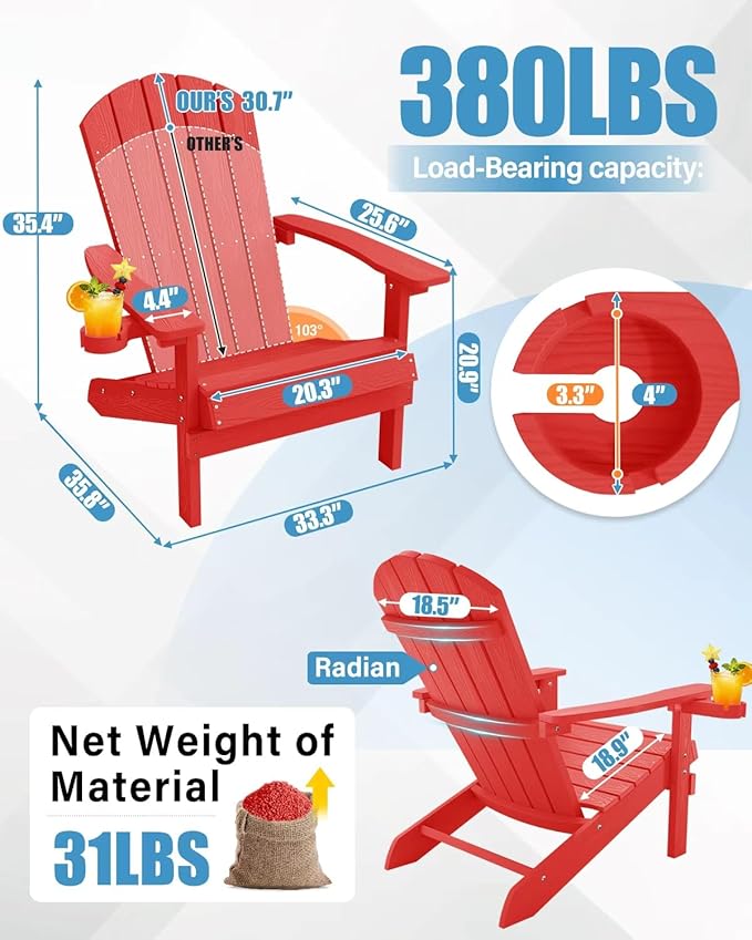 YEFU Adirondack Chair Weather Resistant: Plastic Adirondack Chairs - Patio Chairs with Cup Holder & Wood Texture - Outdoor Chair HIPS - Lawn Fire Pit Deck Porch Garden Chairs for Adults (Red)