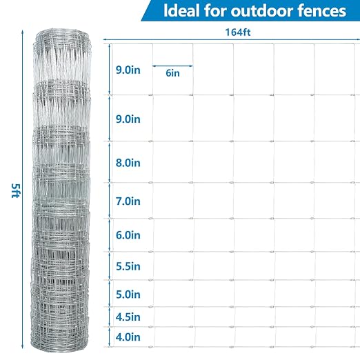 Farm Fence, 5ft X 164ft Wire Fence, Goat Cattle Deer Livestock Fence, Galvanized Woven Hog Wire Fencing,Fencing for Yard and Animals Protection