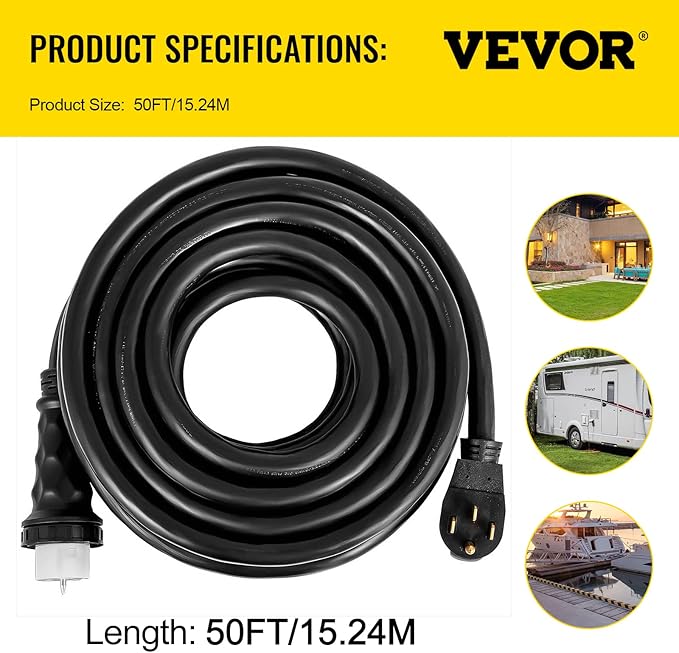 VEVOR 50FT 50 Amp Generator Extension Cord, STW 45446 + 45505 125V 250V Generator Power Cord, N14-50P & SS2-50R & CS6364 Twist Lock Connectors