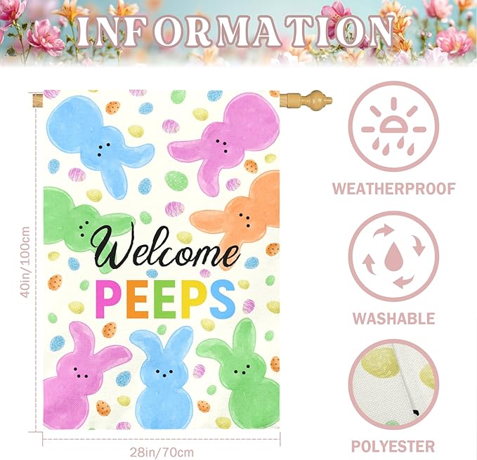 Welcome Peeps Easter Garden Flag 28x40 Inch Large Outdoor Spring Double Sided Bunny Egg House Banners Colorful Porch Garden Flag Holiday Home Flags Decor Durable Seasonal Welcome Sign