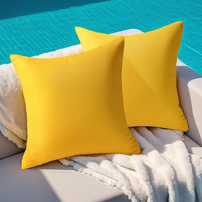 Premillow Outdoor Pillow Covers Set of 2, Decorative Farmhouse Waterproof Pillow Covers, Solid Linen Pillowcase Cushion Covers for Patio Garden Balcony Couch Sofa 18x18 inch, Yellow