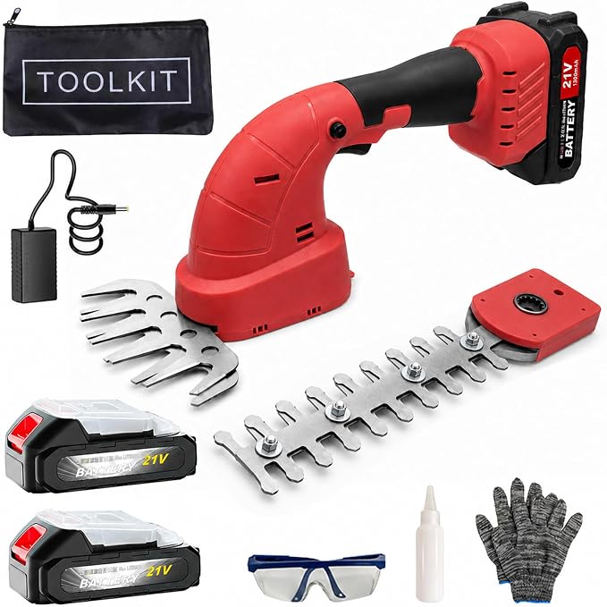 2-in-1 Cordless Hedge Trimmer & Grass Shear, 21V, Red | Lightweight Handheld, Small Yard Lawn Edging, Easy One-Hand Pruning for Women & Seniors, 2 Batteries & Charger