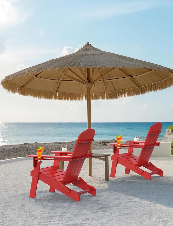 Folding Adirondack Chair Set of 2, Wooden Textured Plastic Adirondack Chairs with 2 Cup Holder, Weather Resistant HDPE Fire Pit Chair, Outdoor Patio Chairs for Garden, Backyard, Lawn, Deck, Red