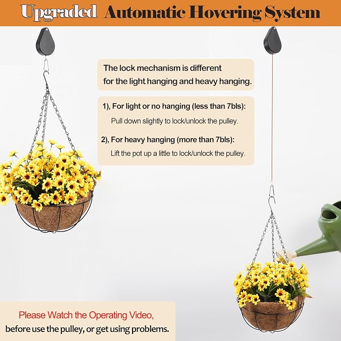 WROSWT Upgraded Retractable Plant Hanger,Plant Pulleys for Hanging Plants,Easy to Raise and Lower,Auto Lock,Heavy Duty,Adjustable Hook for Garden Baskets Pots,Birds Feeder,(6Pcs,Black)