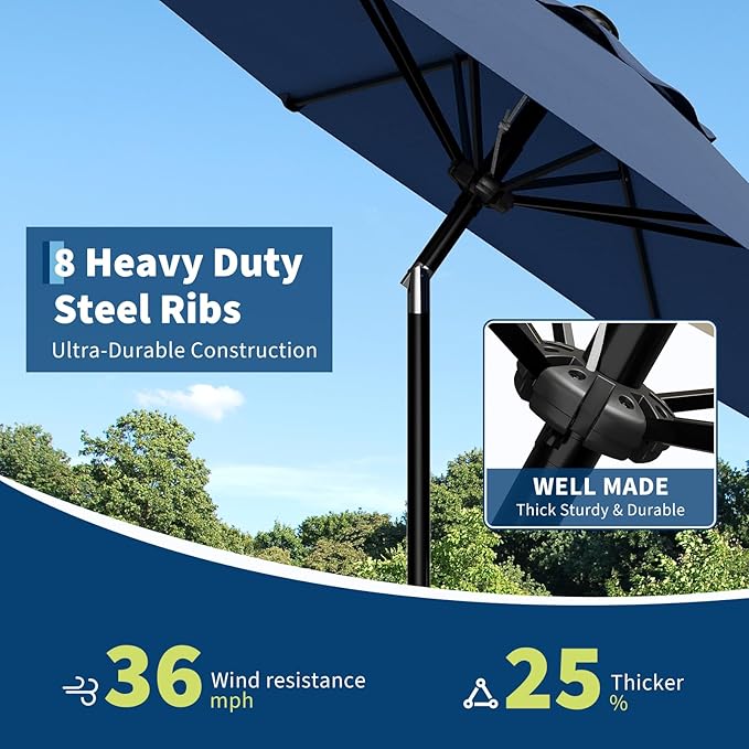 GarveeLife 9FT Umbrella Outdoor Patio, Table Umbrella with Push Button Tilt and Crank, 8 Sturdy Ribs Waterproof UV Protection for Garden, Pool, Deck, Backyard, Market (Navy)