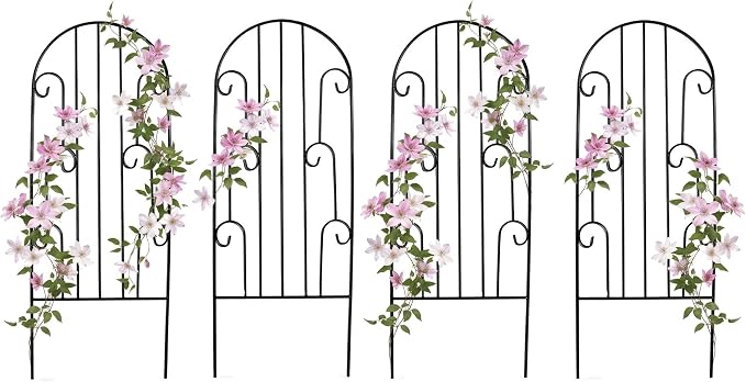 4 Pack Arched Metal Garden Trellis for Climbing Plants 45" H x 15.9" W – Rustproof Iron Trellis with Decorative Scrollwork, Metal Trellised Wire Lattices Grid Panels for Roses, Clematis, Vines