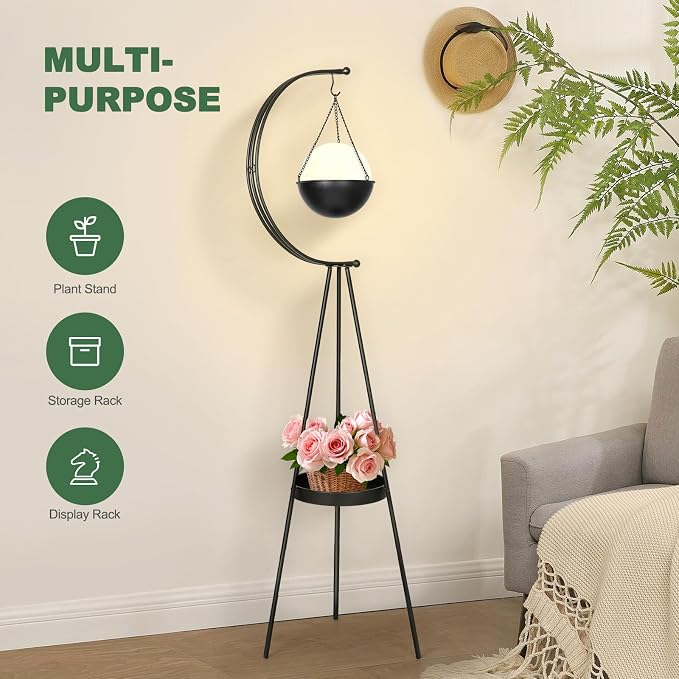 airogym Plant Stand, Metal Plant Holder Indoor Outdoor, Modern Iron Flower Pots Rack, Multifunctional Planter Display Shelf with Hanging Planters for Garden Patio Room, Corner Balcony Decor (Black)