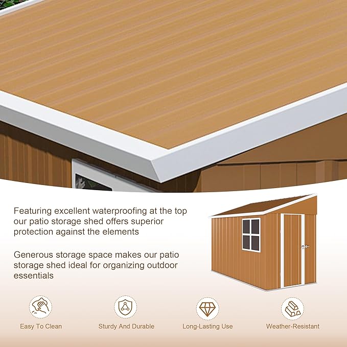 YOPTO 8x4 FT Outdoor Storage Shed,Metal Garden Lean to Shed W/Double Lockable Doors,Windows & 4 Air Vents,Weatherproof Shelter W/Sloped Roof,for Backyard,Lawn,Tool Organization,Brown