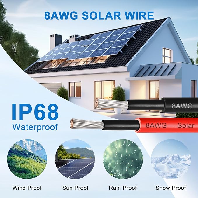 XRDS -RF 8AWG Solar Panel Wire 10mm², 2 Pack 50FT Red & Black Solar Extension Cable, PV Wire with Tinned Copper, Sunlight & UV Resistant, for Solar Panel, RV, Inverter, Battery, Off-Grid Systems