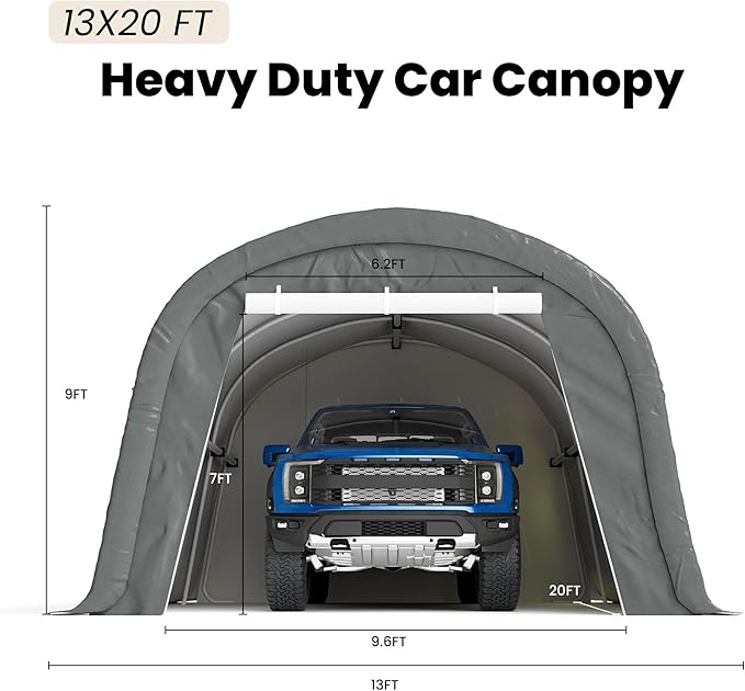 COSIEST 13'×20' Storage Shelter Outdoor Round Carport, Heavy-Duty Garage Canopy with Dual Roll-Up Doors Weatherproof PE Cover, Multi-Purpose Vehicle/Tractor Shed for Backyard/Driveway/Farm(Gray)
