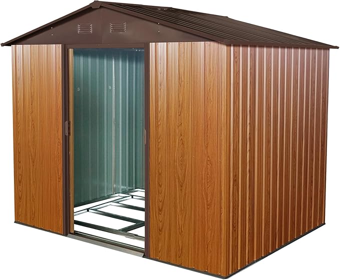 8FT x 6FT Outdoor Metal Storage Shed, Galvanized Steel Garden Shed with Lockable Sliding Door, Ventilated Tool Storage House with Foundation Kit, UV Resistant Backyard Shed forPatio Storage, Coffee
