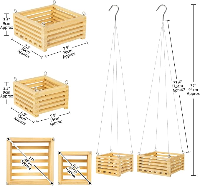 Wooden Orchid Baskets with Hangers for Epiphytes & Vandas, 6" & 8" Square Hanging Planter Set for Patio, Balcony Decor, Garden Flower Pots for Indoor Outdoor Plants, 2 Pack