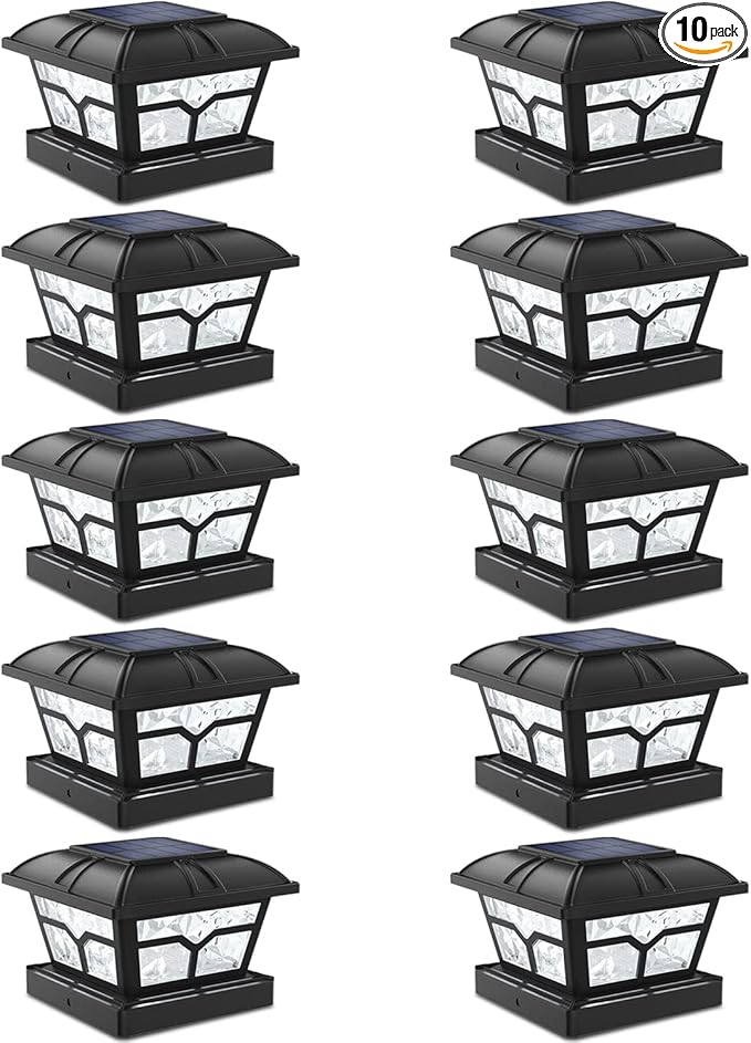 SIEDiNLAR Solar Post Cap Lights Outdoor 2 Color Modes 8 LEDs for 4x4 5x5 6x6 Wooden Vinyl Posts Fence Patio Deck Decoration Warm White & Cool White Lighting Black (10 Pack)