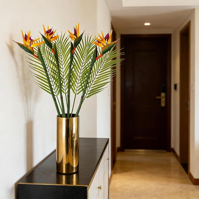 8 PCS Bird of Paradise Artificial Plant Combo Palm Leaves,4 Faux Bird of Paradise Plant with 4 Artificial Palm Leaves for Wedding Garden Office Home Indoor and Outdoor Decor(Yellow)