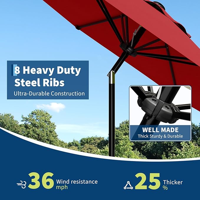 GarveeLife 9FT Umbrella Outdoor Patio, Table Umbrella with Push Button Tilt and Crank, 8 Sturdy Ribs Waterproof UV Protection for Garden, Pool, Deck, Backyard, Market (Red)