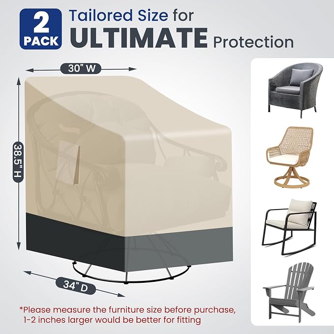 2 Pack Extra Heavy Duty Waterproof Patio Chair Covers for Outdoor / Swivel/ Rocking Chair - Medium Adirondack Chair Covers with Air Vent, 30"W x 34"D x 38.5"H