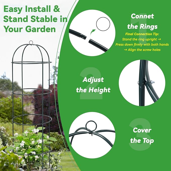 Large Trellis, Garden Obelisk Trellis for Climbing Plants Outdoor, 55" Metal Trellises for Tomato Cucumber Grape Clematis Rose Vine Support, 4-Tier Heavy Duty Fit 25-Gallon Container Raised Bed