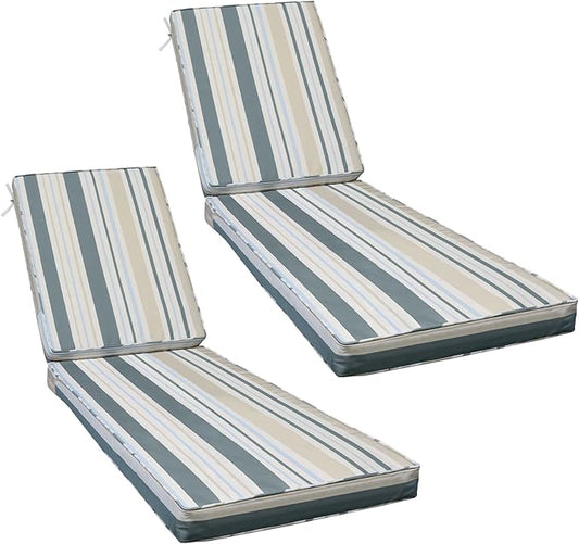 AAAAAcessories Outdoor Chaise Lounge Cushions, Fade-Resistant, Waterproof Patio Furniture Replacement Cushions, 80" x 26" x 3", Set of 2, Slate Gray Blue Coastal Stripe