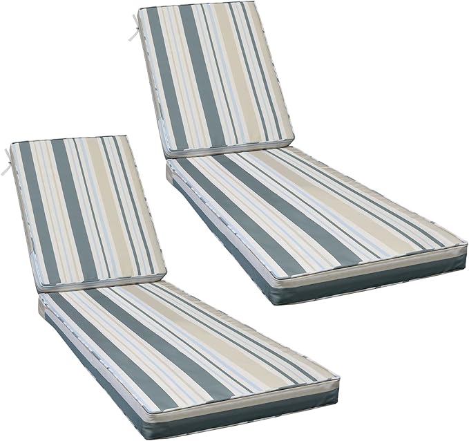 AAAAAcessories Outdoor Chaise Lounge Cushions, Fade-Resistant, Waterproof Patio Furniture Replacement Cushions, 80" x 26" x 3", Set of 2, Slate Gray Blue Coastal Stripe