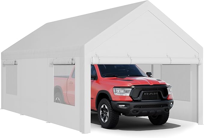 JY QAQA Carport, 12x20 FT Heavy Duty Carport with Removable Side Walls and Doors, Portable Garage with Roll-Up Window and Sandbags, Car Canopy with All-Season Tarp for Cars, Trucks, Boats, White