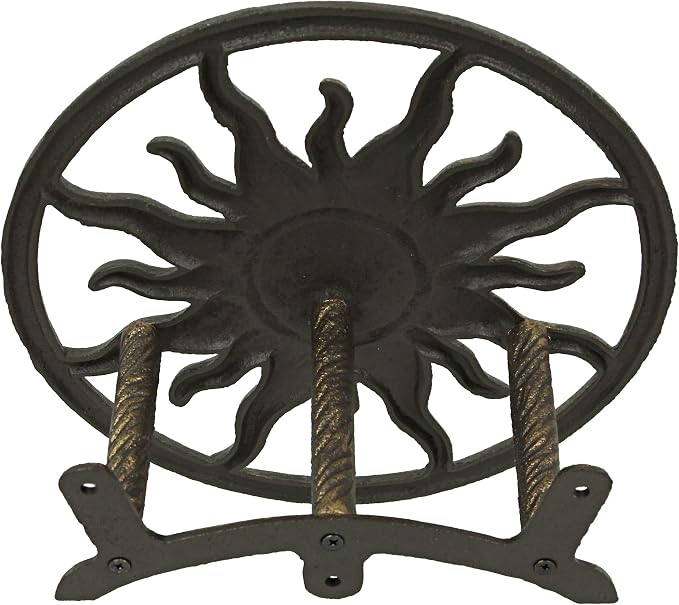 Bronze Finish Cast Iron Sun Wall Mounted Hanging Garden Hose Hanger Celestial Outdoor Decor - Weather Resistant - Easy Install Hose Holder - 11.5 Inches in Diameter