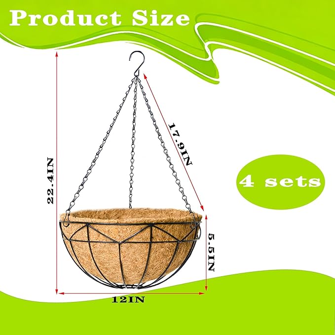 4 Pack 12 Inch Black Wire Hanging Planter with Coir Fiber Outdoor Round Hanging Basket with Metal Chain for Balcony Porch Farmhouse Country Style Garden Decor (Geometric)