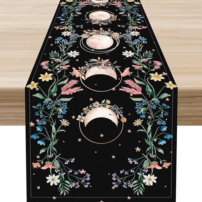 Boho Floral Table Runner, Spring Gothic Wild Flower Moon Phase Seasonal Bohemian Black Rustic Coffee Table Center Decor for Family Holiday Party Kitchen Outdoor Farmhouse Table Decorations, 13"x90"