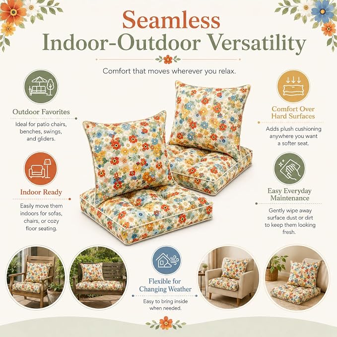 22x22 Waterproof Outdoor Chair Cushions Set of 2, Patio Cushions for Outdoor Furniture Water-Resistant & Fade-Resistant, Deep Seat & Back Cushion for Wicker Sofa (Daisy)