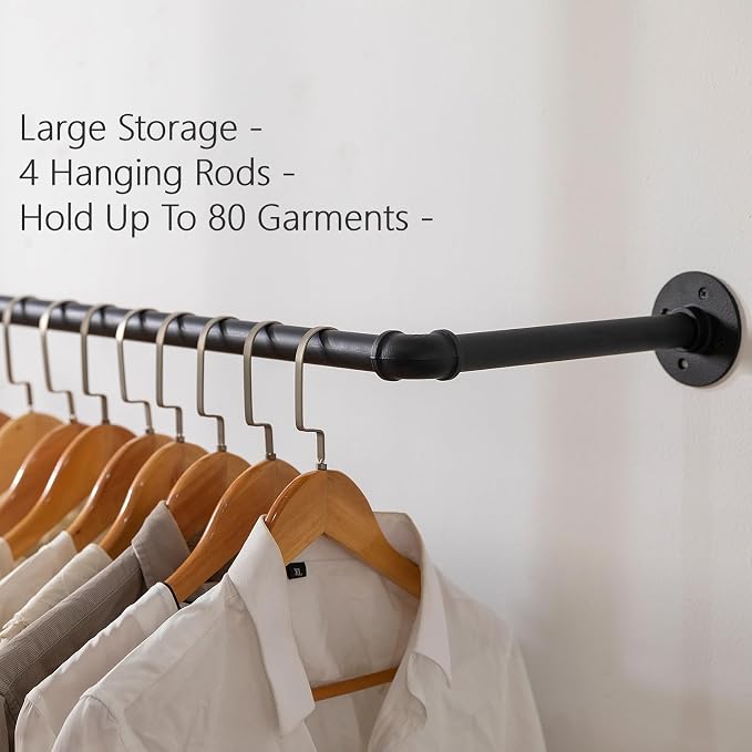 Homeyeeng Industrial Pipe Clothes Rack Wall Mounted Clothing Rack,Heavy Duty Iron Pipe Garment Rods,Detachable Multi-Purpose Clothing Hanging Rod/Garment Bar, Black
