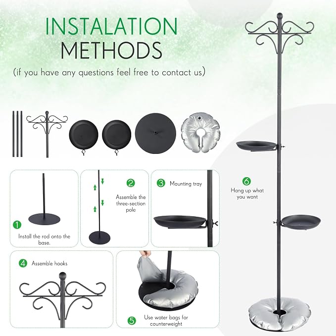 1 Set Upgraded 75.9" Shepherds Hook for Bird Feeder, Hanging Plant Wind Chime Stand, Metal Adjustable Standing Pole Holder for Indoor Outdoor, with 2 Rack & Weight Bag (Retro 2 Hooks)