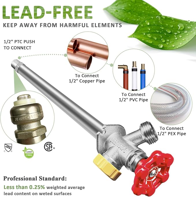 10 inch Anti-Siphon Frost Free Sillcock, No Lead Brass Frost Proof Outdoor Faucet Bib with Backflow Preventer, 1/2" Push-to-Fit Connector X 3/4 Inch Hose Bibb Frost Free Spigot