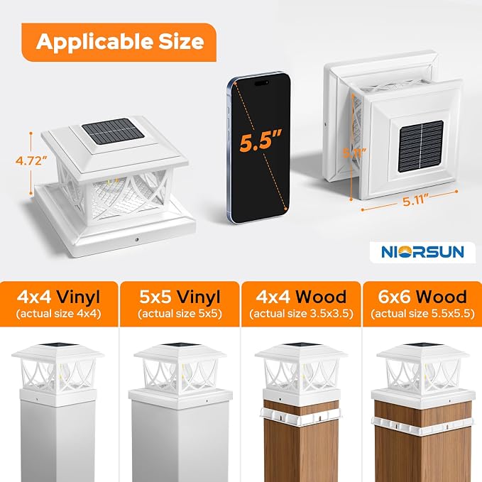 NIORSUN Solar Post Lights Outdoor, Fence Post Solar Lights with 3 Color Temps &2 Brightnesses, Edison LED Bulbs Fence Deck Decor, 4x4 Posts Caps, 4x4 &5x5 Vinyl, 4x4 &6x6 Wooden (6 Pack,White)