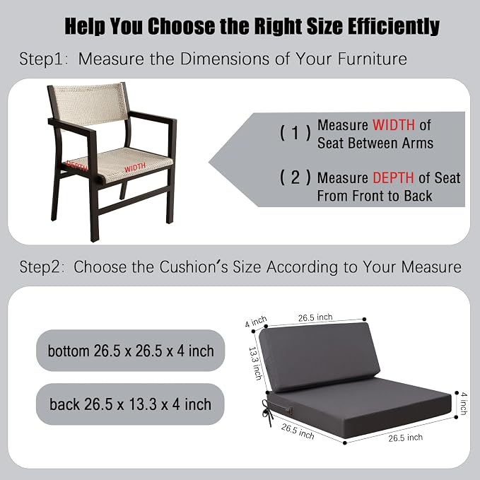idee-home Outdoor Chair Cushions for Patio Furniture, Outdoor Seat Cushion | Waterproof Couch Hampton Bay Deep Seat Replacement Chair Cushions for Garden Backyard Deck 26.5 x 26.5